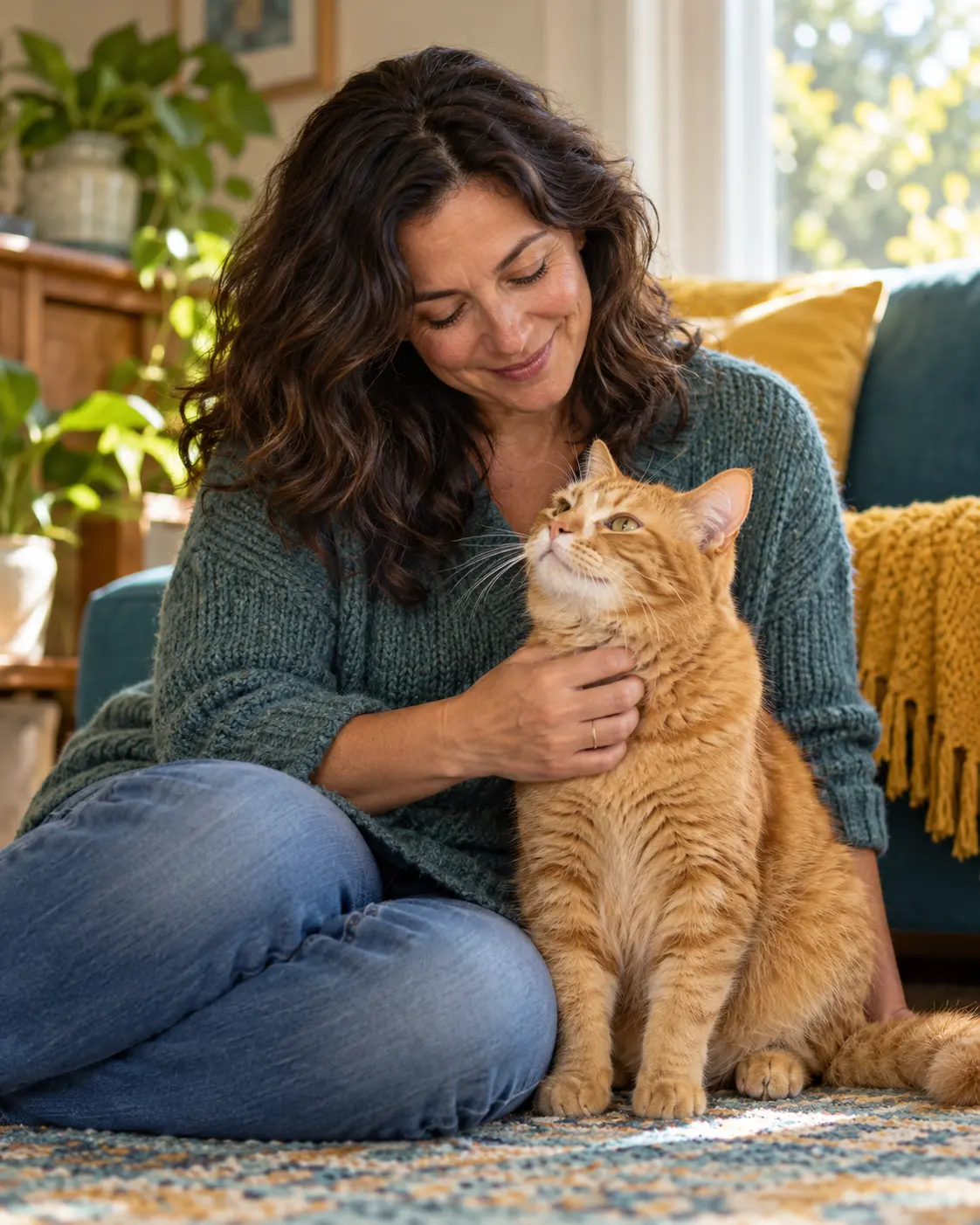 Owner spending time with a ginger cat