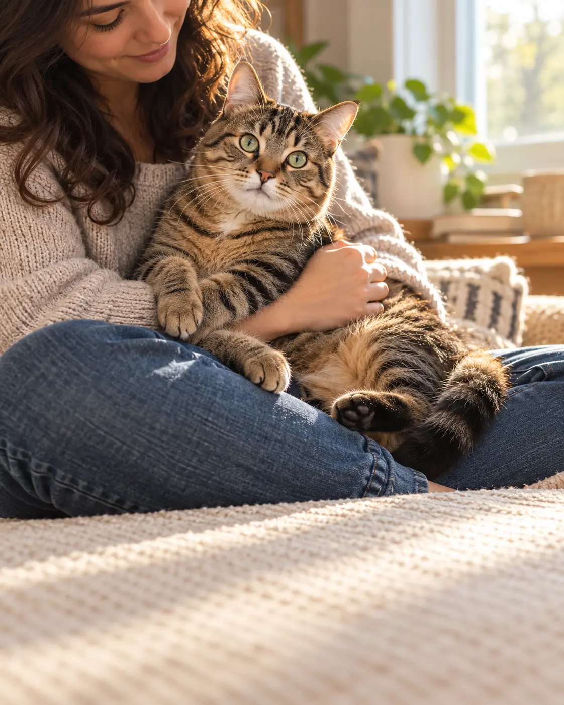 Tabby cat resting in its owner's lap