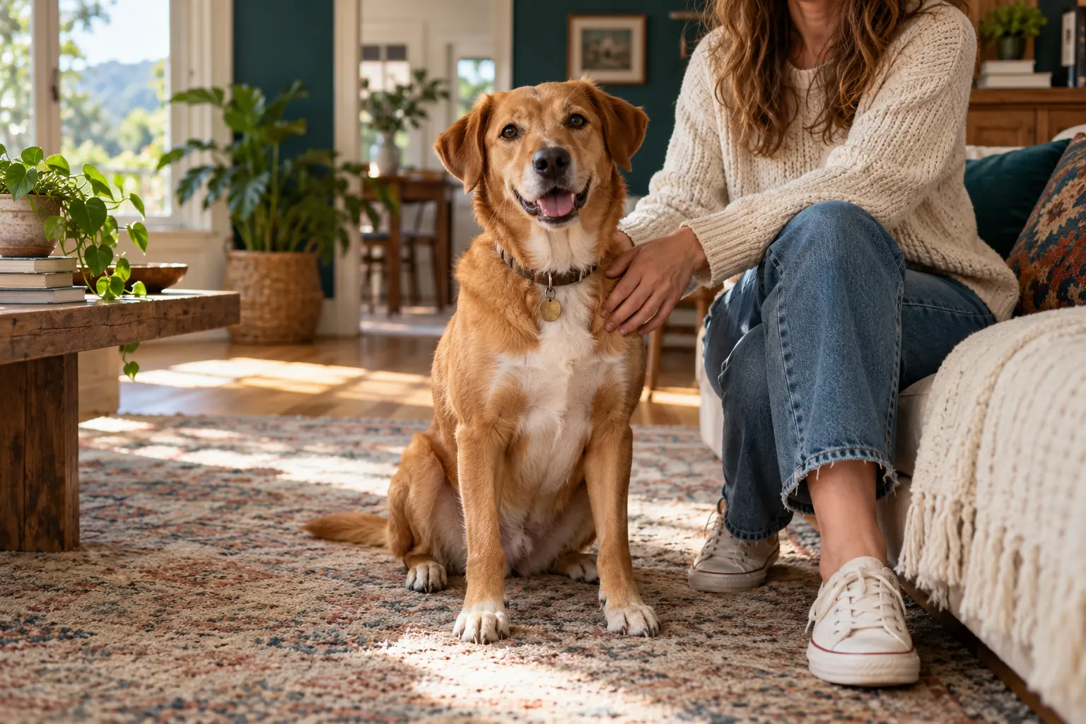 Dog sitting beside its owner at home