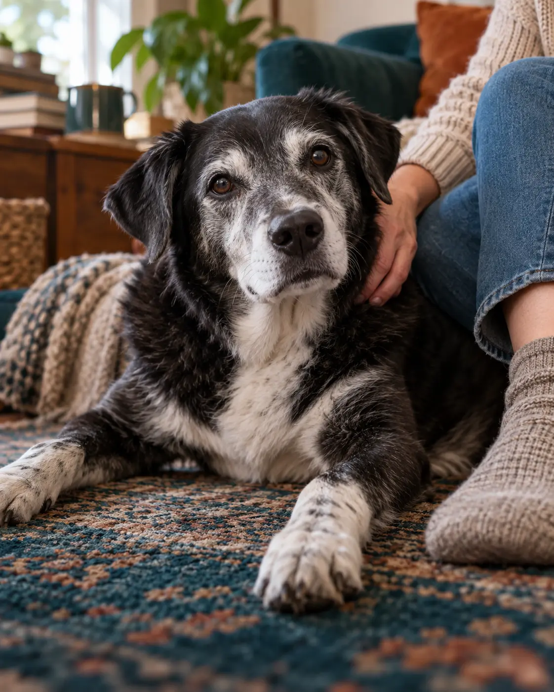 Senior dog relaxing beside its owner